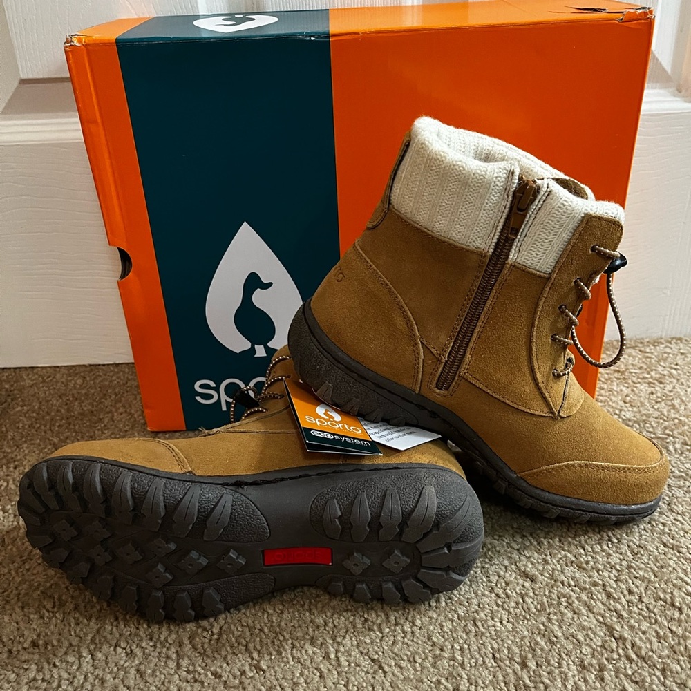 Sporto/BOHO NWT Suede Ankle Boots Camel color and Cream Knit Cuffs size 6.5 - Picture 3 of 10